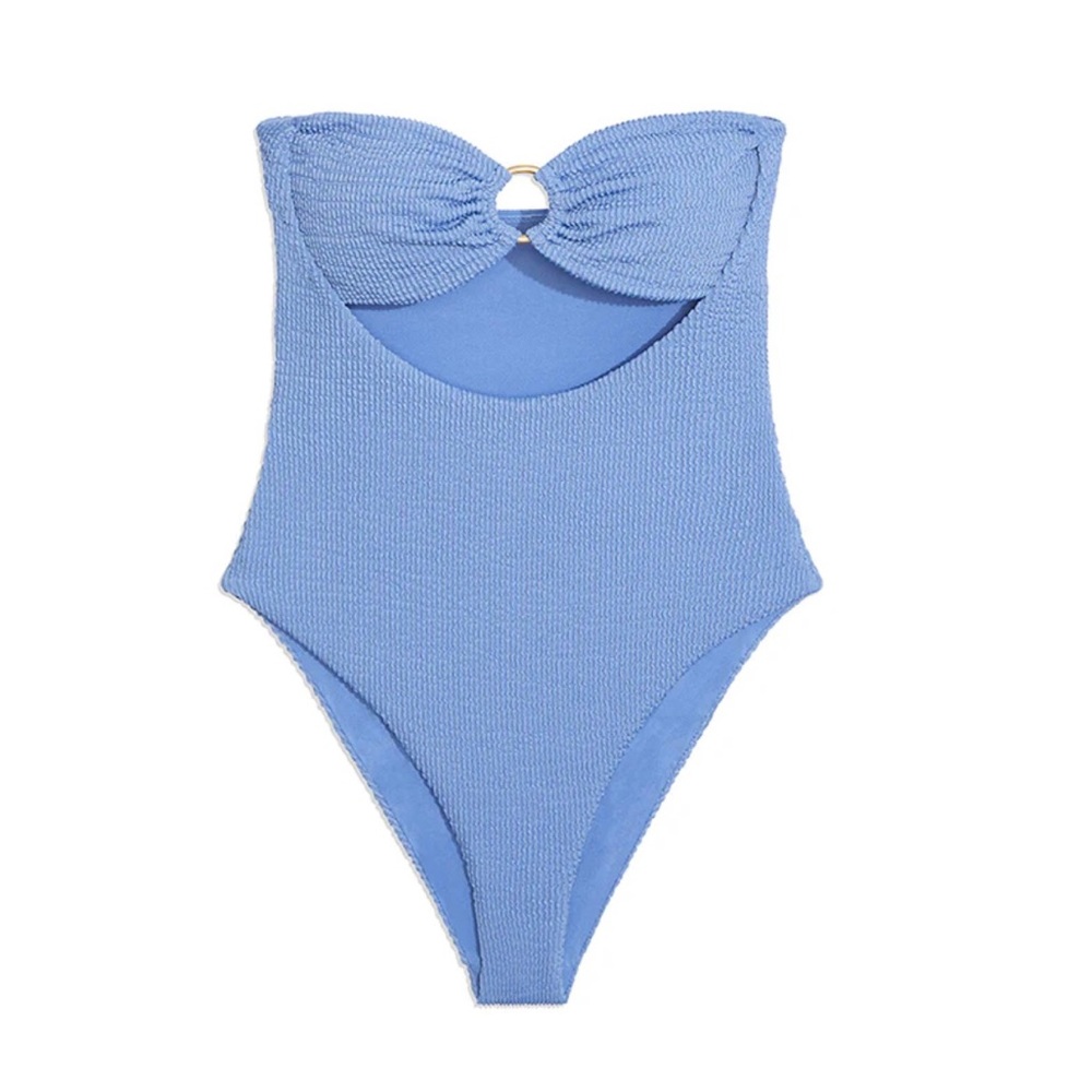 WeWoreWhat O-Ring Spongie Seersucker Ruched Bandeau One Piece Bathing Suit